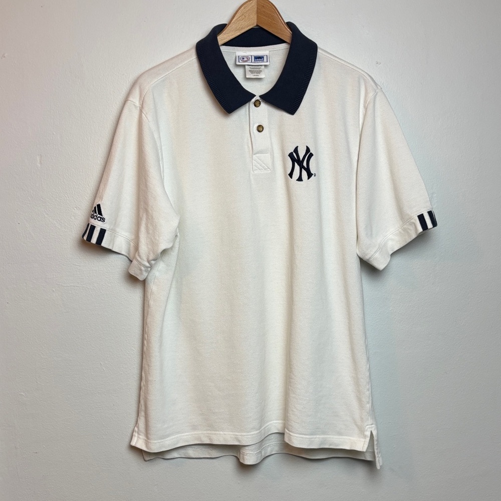 VTG New York Yankees Adidas Polo Shirt Mens White Baseball MLB Athletic Large